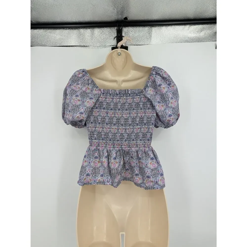 J. Crew Smocked Squareneck Organic Cotton Top Liberty Club Nouveau Fabric Preppy